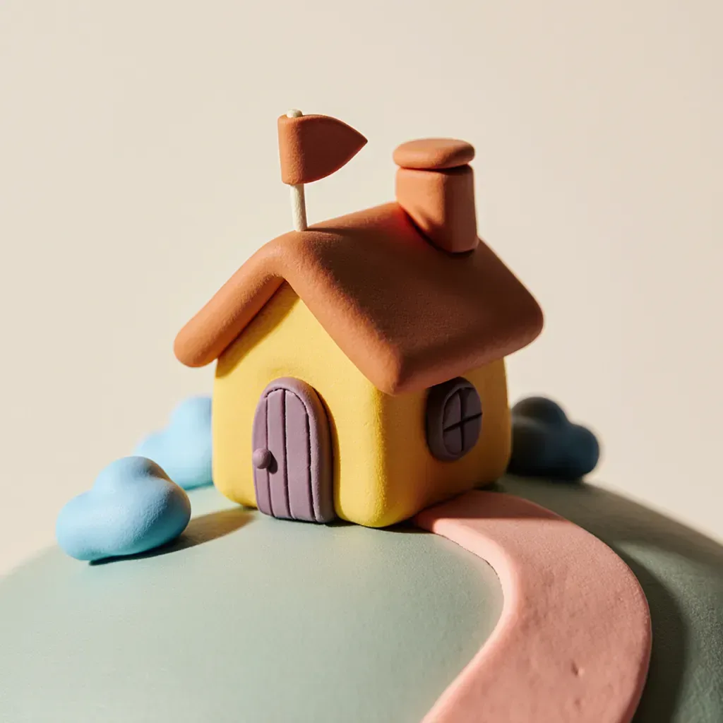 A finished little clay cottage on a gentle green hill, a small flag on its roof