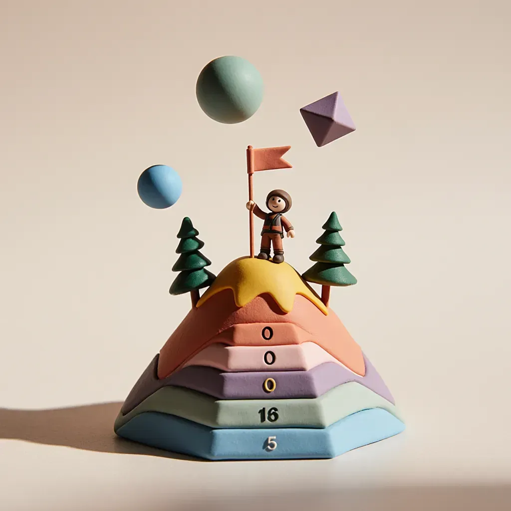 A handmade clay model of a stepped climb from zero to one, crowned with a flag and ringed by floating clay shapes